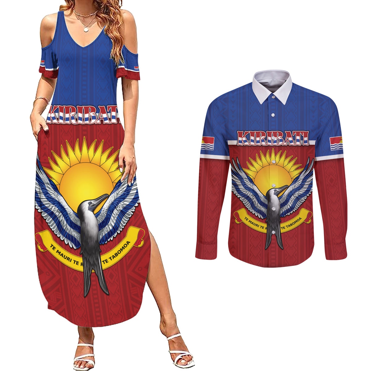 Kiribati 45th Independence Day Couples Matching Summer Maxi Dress and Long Sleeve Button Shirt Lesser Frigatebird Tribal Pattern