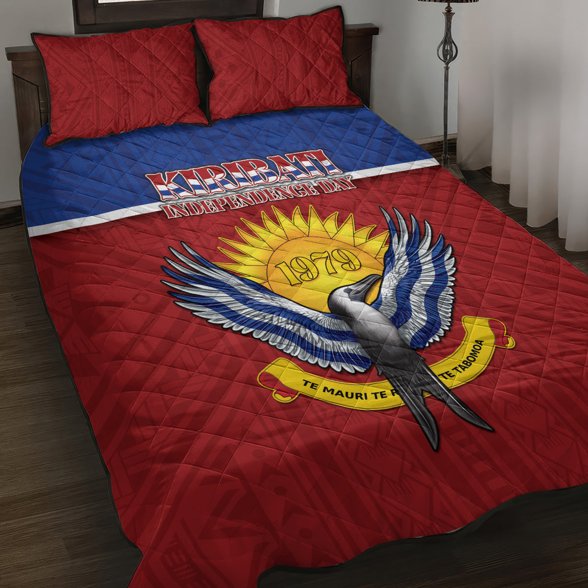 Kiribati 45th Independence Day Quilt Bed Set Lesser Frigatebird Tribal Pattern