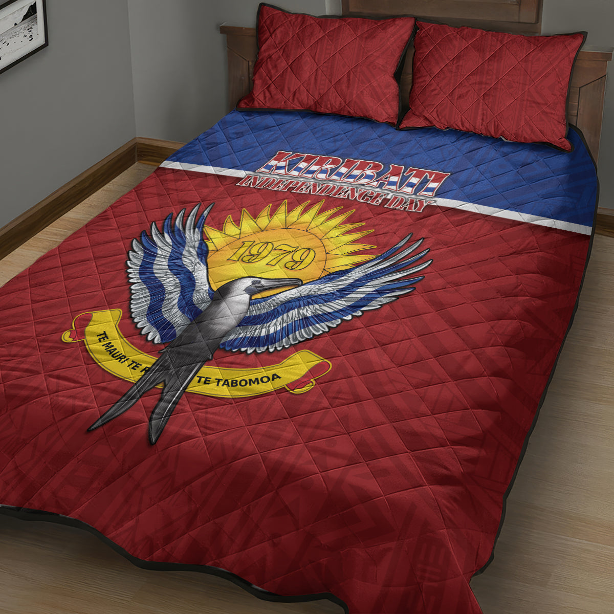 Kiribati 45th Independence Day Quilt Bed Set Lesser Frigatebird Tribal Pattern