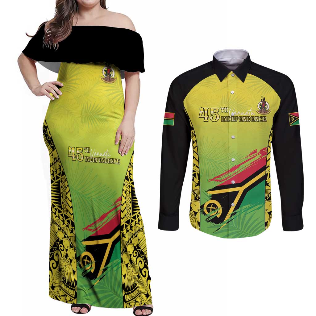 Vanuatu 45th Independence Couples Matching Off Shoulder Maxi Dress and Long Sleeve Button Shirt Special Style - Polynesian Pride