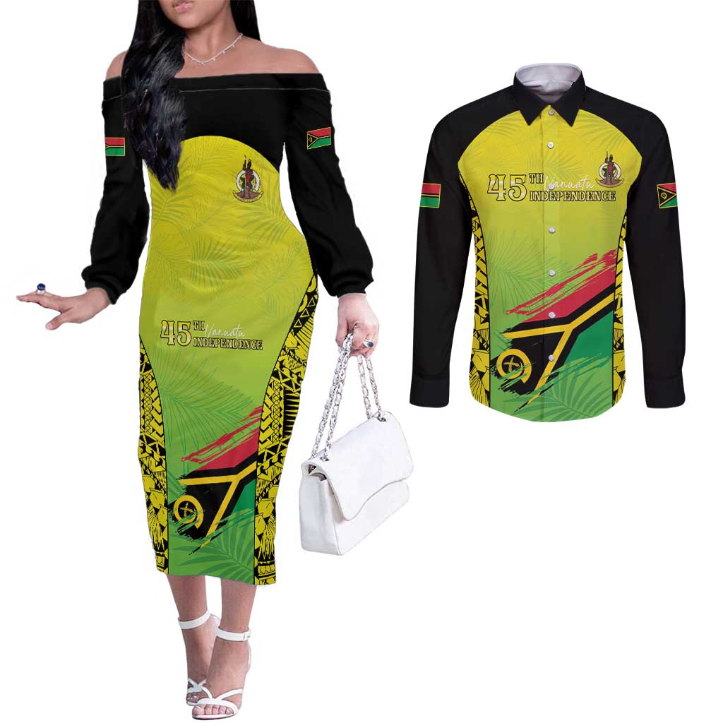 Vanuatu 45th Independence Couples Matching Off The Shoulder Long Sleeve Dress and Long Sleeve Button Shirt Special Style - Polynesian Pride