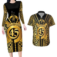 Vanuatu 45th Anniversary Of Independence Couples Matching Long Sleeve Bodycon Dress and Hawaiian Shirt Gold Style - Polynesian Pride