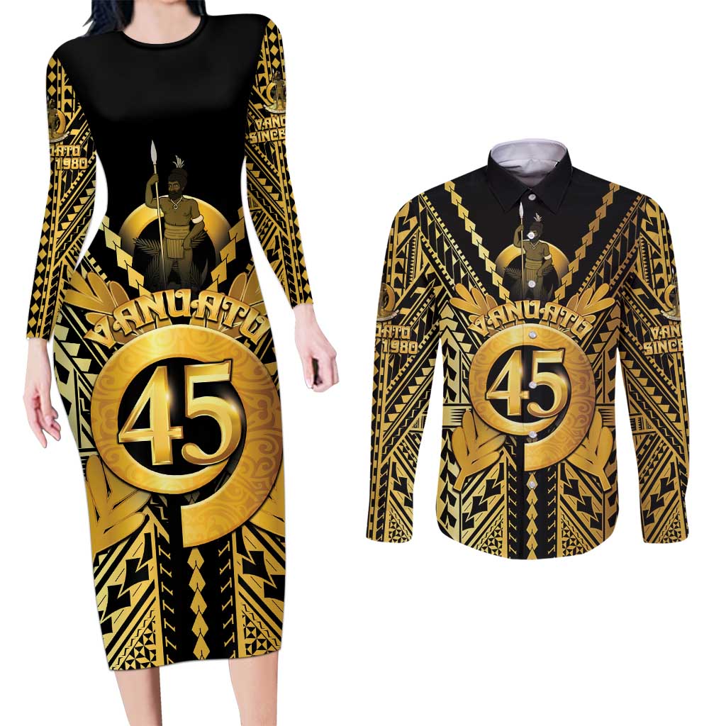 Vanuatu 45th Anniversary Of Independence Couples Matching Long Sleeve Bodycon Dress and Long Sleeve Button Shirt Gold Style - Polynesian Pride