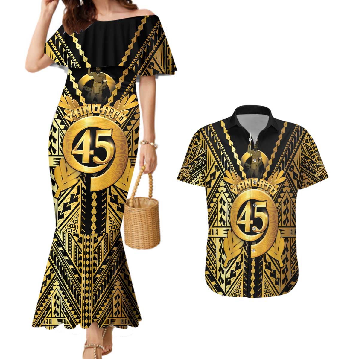 Vanuatu 45th Anniversary Of Independence Couples Matching Mermaid Dress and Hawaiian Shirt Gold Style - Polynesian Pride