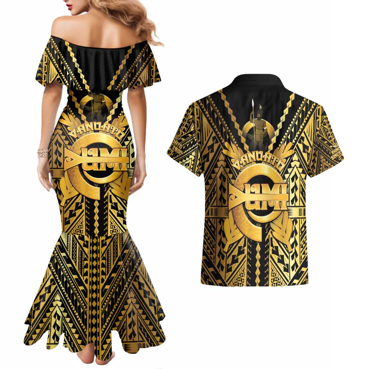 Vanuatu 45th Anniversary Of Independence Couples Matching Mermaid Dress and Hawaiian Shirt Gold Style - Polynesian Pride