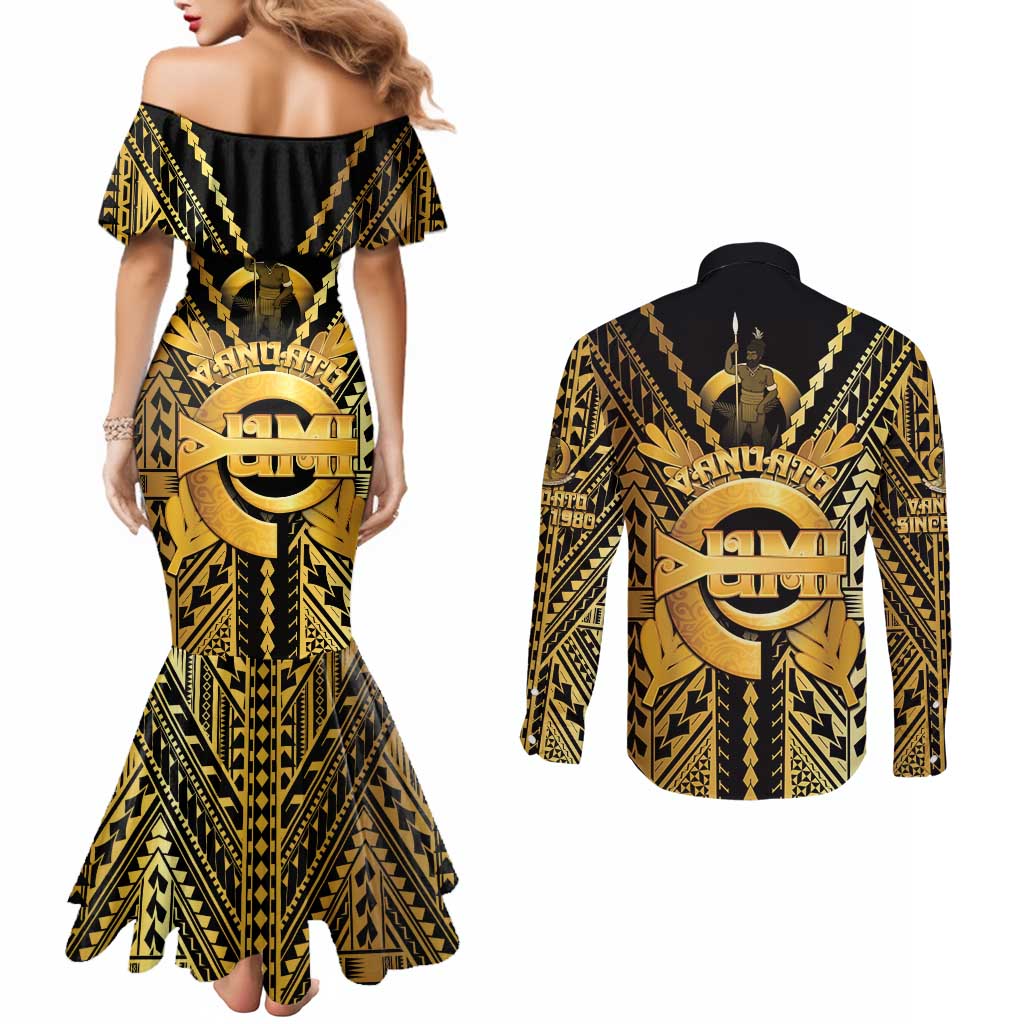 Vanuatu 45th Anniversary Of Independence Couples Matching Mermaid Dress and Long Sleeve Button Shirt Gold Style - Polynesian Pride