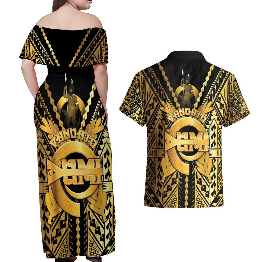 Vanuatu 45th Anniversary Of Independence Couples Matching Off Shoulder Maxi Dress and Hawaiian Shirt Gold Style - Polynesian Pride