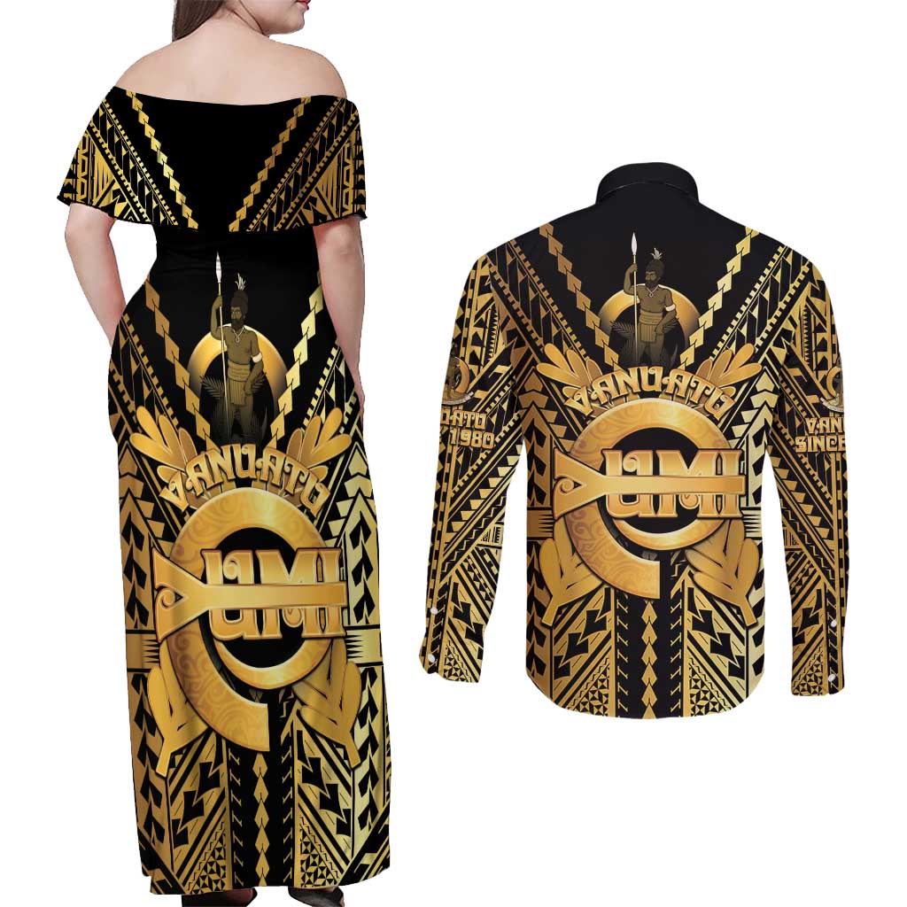 Vanuatu 45th Anniversary Of Independence Couples Matching Off Shoulder Maxi Dress and Long Sleeve Button Shirt Gold Style - Polynesian Pride