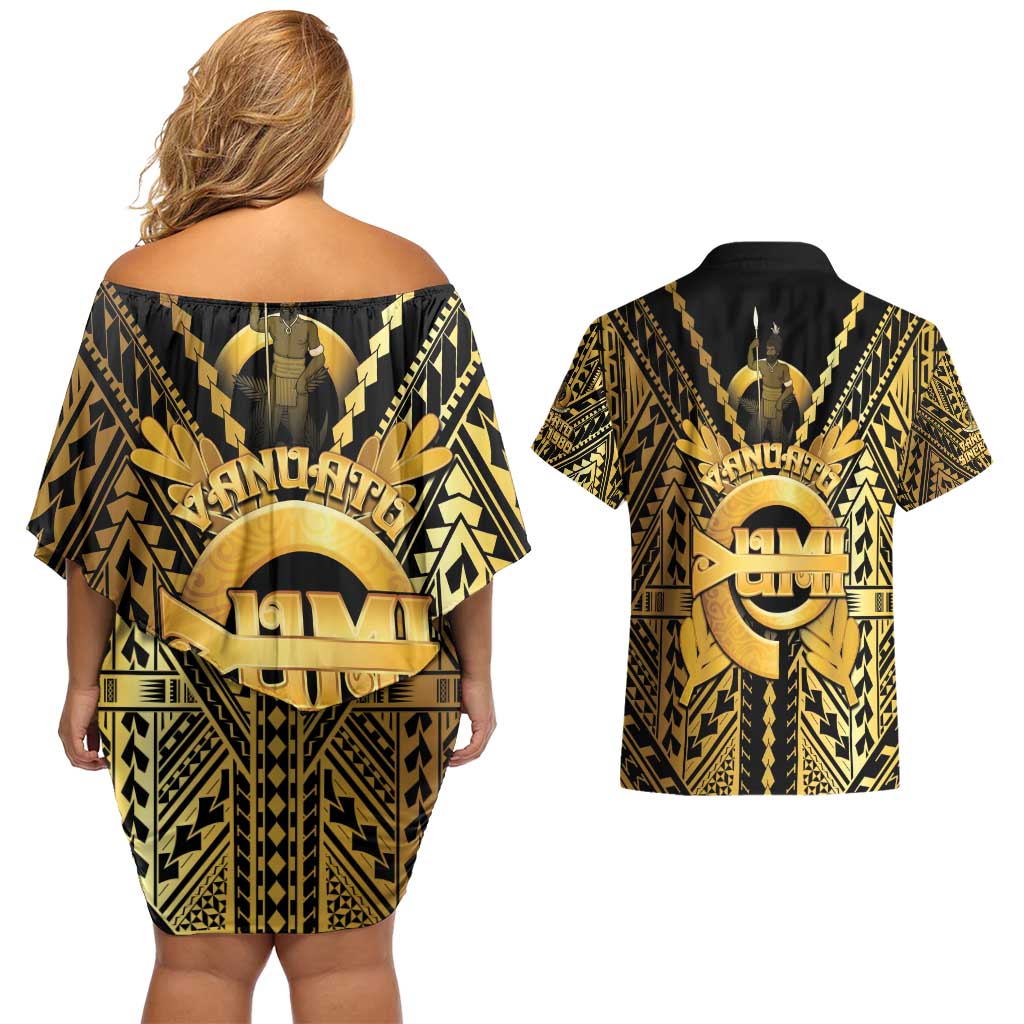 Vanuatu 45th Anniversary Of Independence Couples Matching Off Shoulder Short Dress and Hawaiian Shirt Gold Style - Polynesian Pride