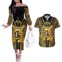 Vanuatu 45th Anniversary Of Independence Couples Matching Off The Shoulder Long Sleeve Dress and Hawaiian Shirt Gold Style - Polynesian Pride
