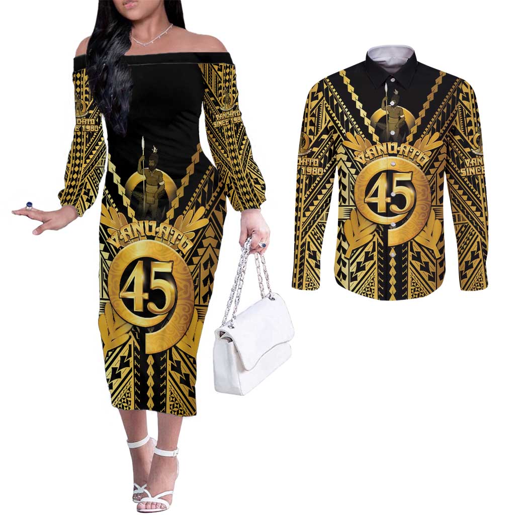 Vanuatu 45th Anniversary Of Independence Couples Matching Off The Shoulder Long Sleeve Dress and Long Sleeve Button Shirt Gold Style - Polynesian Pride