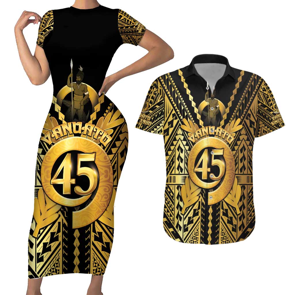 Vanuatu 45th Anniversary Of Independence Couples Matching Short Sleeve Bodycon Dress and Hawaiian Shirt Gold Style - Polynesian Pride