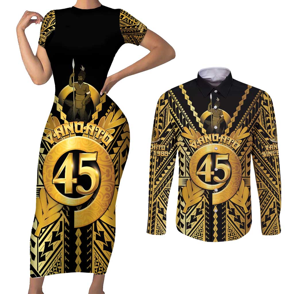 Vanuatu 45th Anniversary Of Independence Couples Matching Short Sleeve Bodycon Dress and Long Sleeve Button Shirt Gold Style - Polynesian Pride