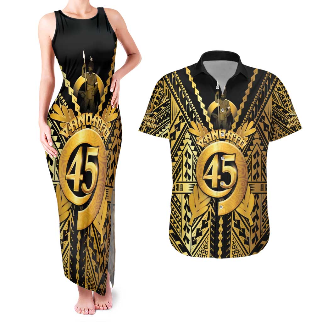 Vanuatu 45th Anniversary Of Independence Couples Matching Tank Maxi Dress and Hawaiian Shirt Gold Style - Polynesian Pride