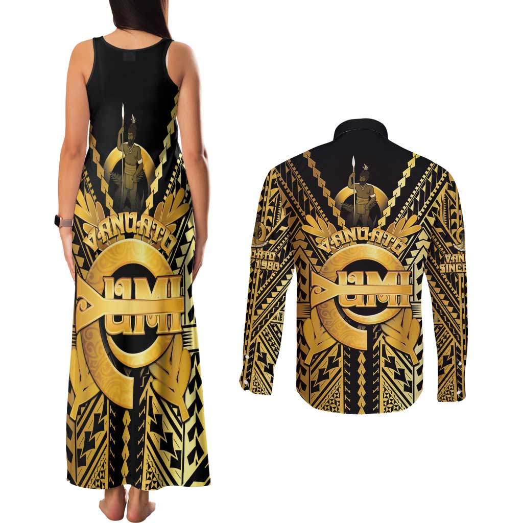 Vanuatu 45th Anniversary Of Independence Couples Matching Tank Maxi Dress and Long Sleeve Button Shirt Gold Style - Polynesian Pride