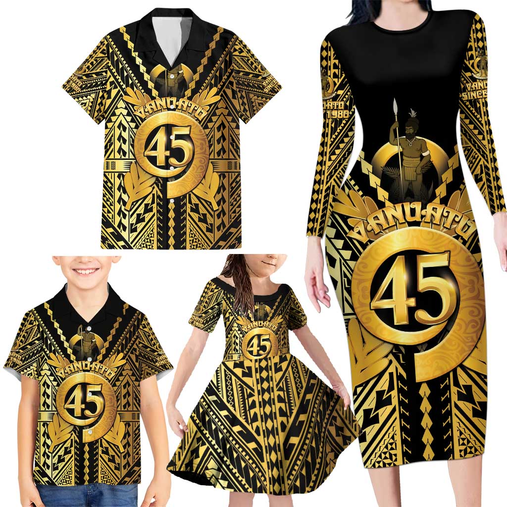 Vanuatu 45th Anniversary Of Independence Family Matching Long Sleeve Bodycon Dress and Hawaiian Shirt Gold Style - Polynesian Pride
