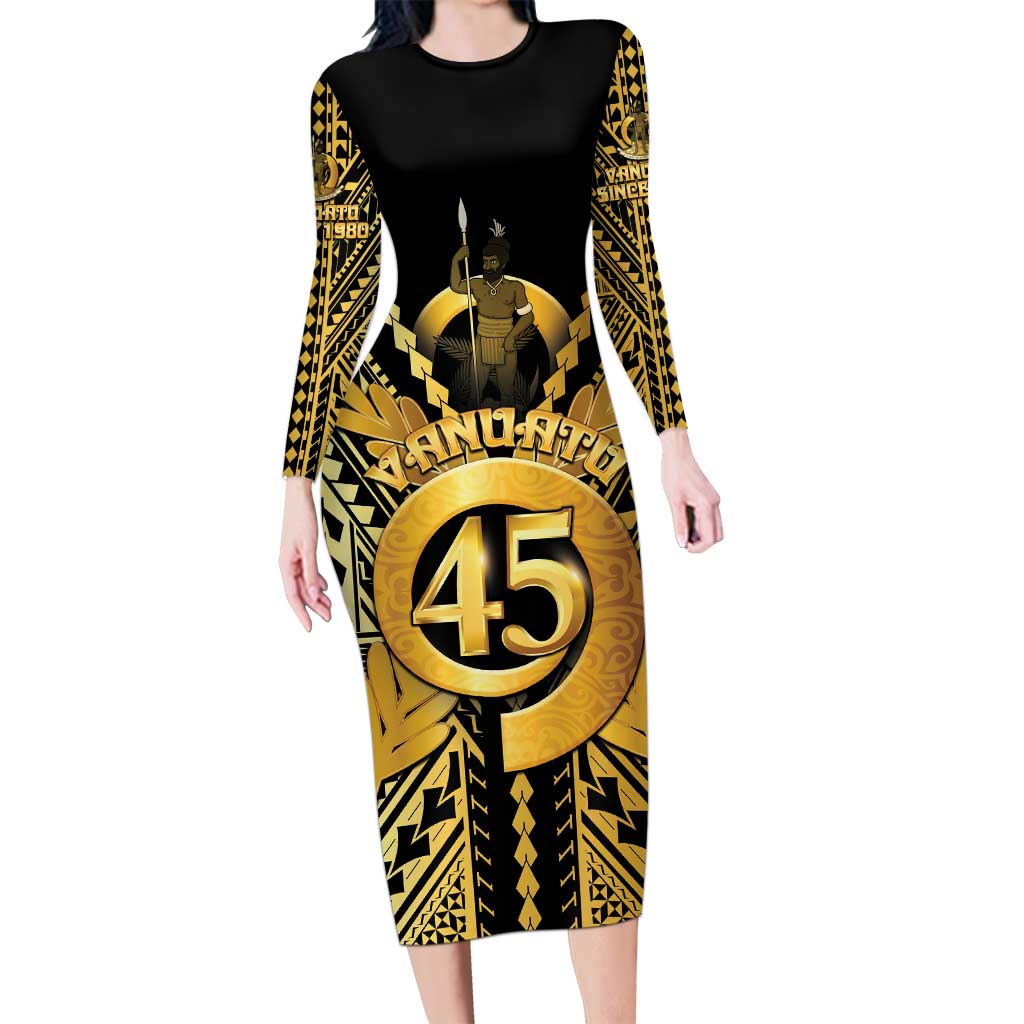Vanuatu 45th Anniversary Of Independence Family Matching Long Sleeve Bodycon Dress and Hawaiian Shirt Gold Style - Polynesian Pride