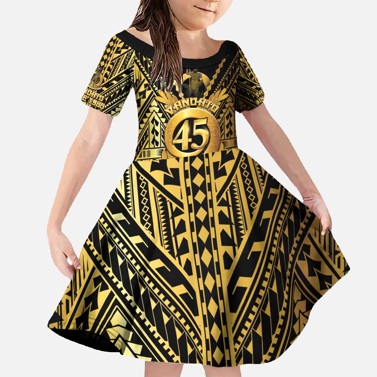 Vanuatu 45th Anniversary Of Independence Family Matching Off The Shoulder Long Sleeve Dress and Hawaiian Shirt Gold Style - Polynesian Pride