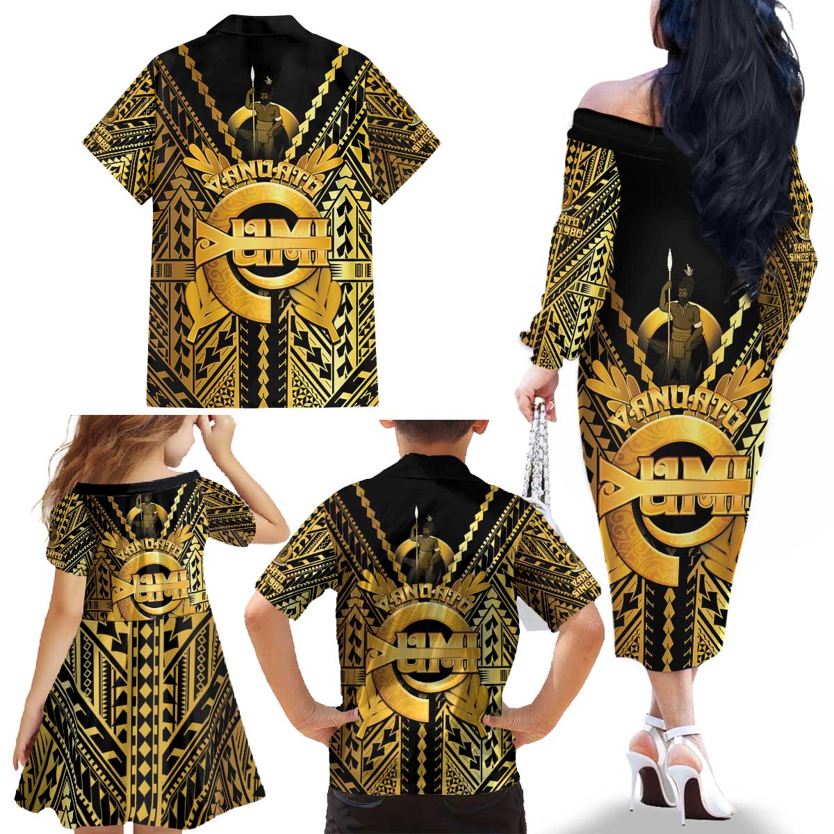 Vanuatu 45th Anniversary Of Independence Family Matching Off The Shoulder Long Sleeve Dress and Hawaiian Shirt Gold Style - Polynesian Pride