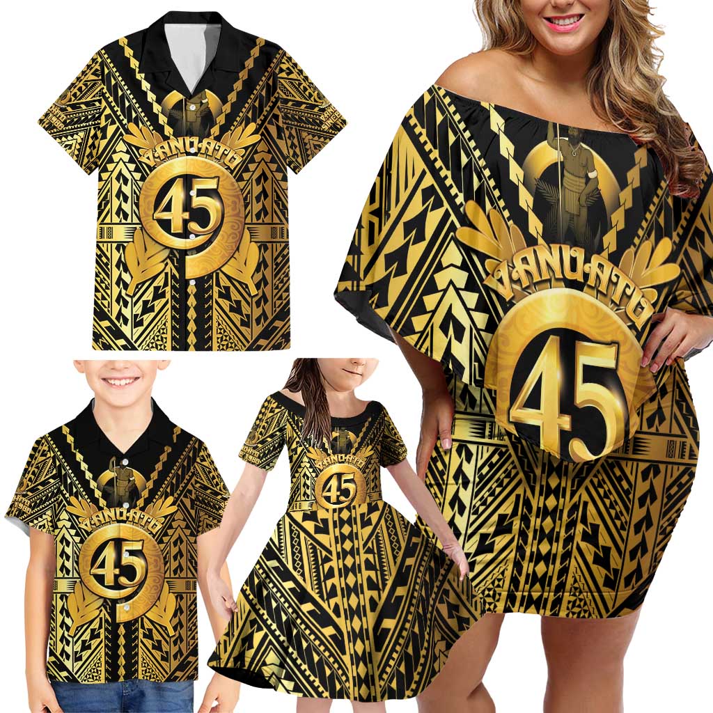 Vanuatu 45th Anniversary Of Independence Family Matching Off Shoulder Short Dress and Hawaiian Shirt Gold Style - Polynesian Pride