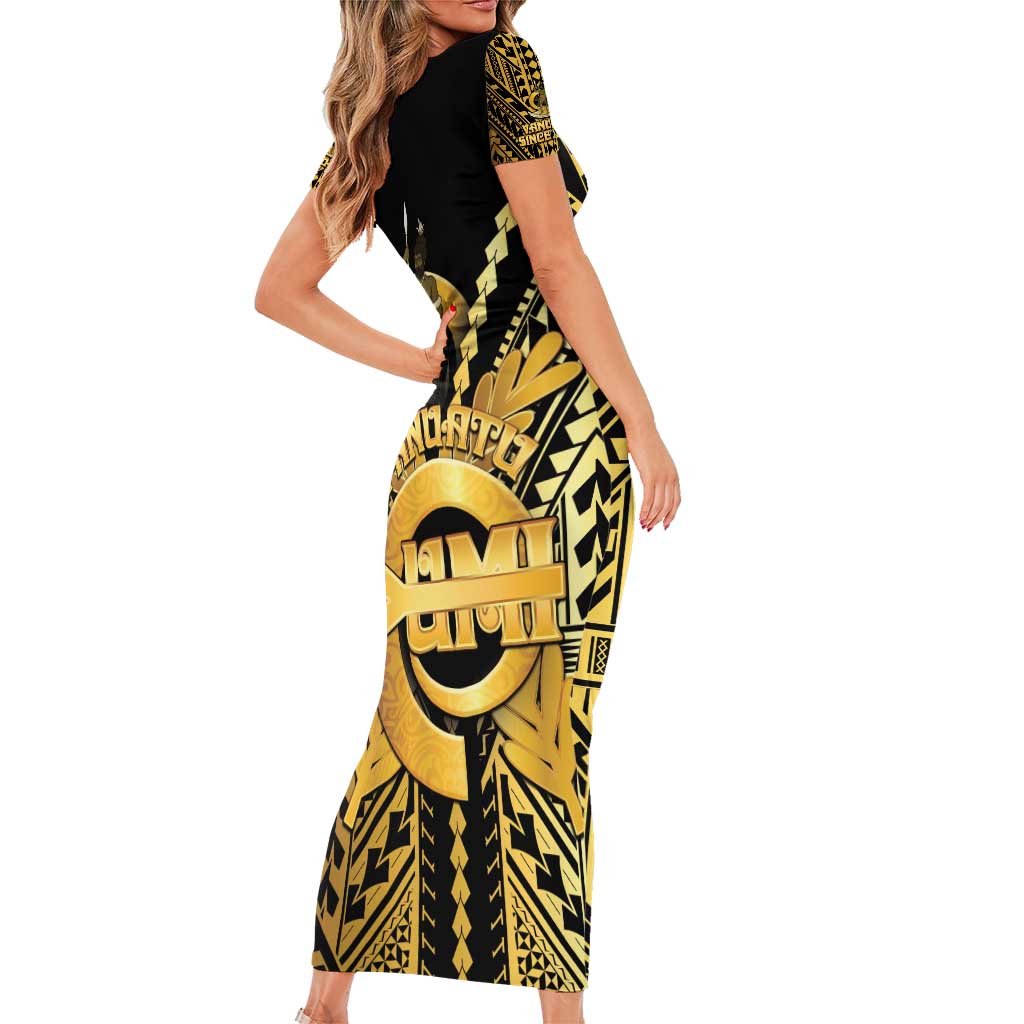 Vanuatu 45th Anniversary Of Independence Family Matching Short Sleeve Bodycon Dress and Hawaiian Shirt Gold Style - Polynesian Pride