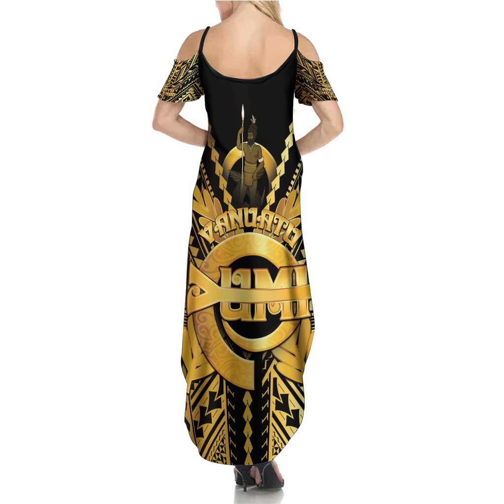 Vanuatu 45th Anniversary Of Independence Family Matching Summer Maxi Dress and Hawaiian Shirt Gold Style - Polynesian Pride