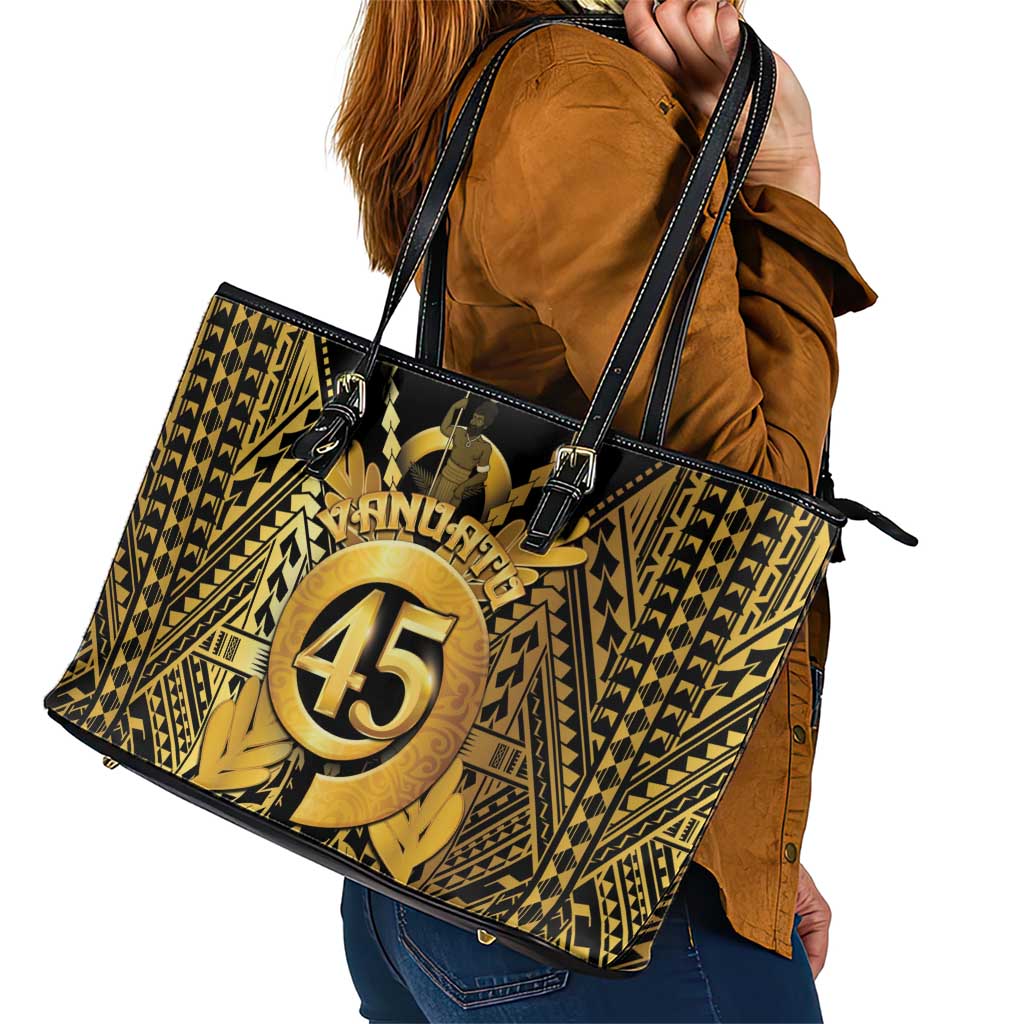 Vanuatu 45th Anniversary Of Independence Leather Tote Bag Gold Style - Polynesian Pride