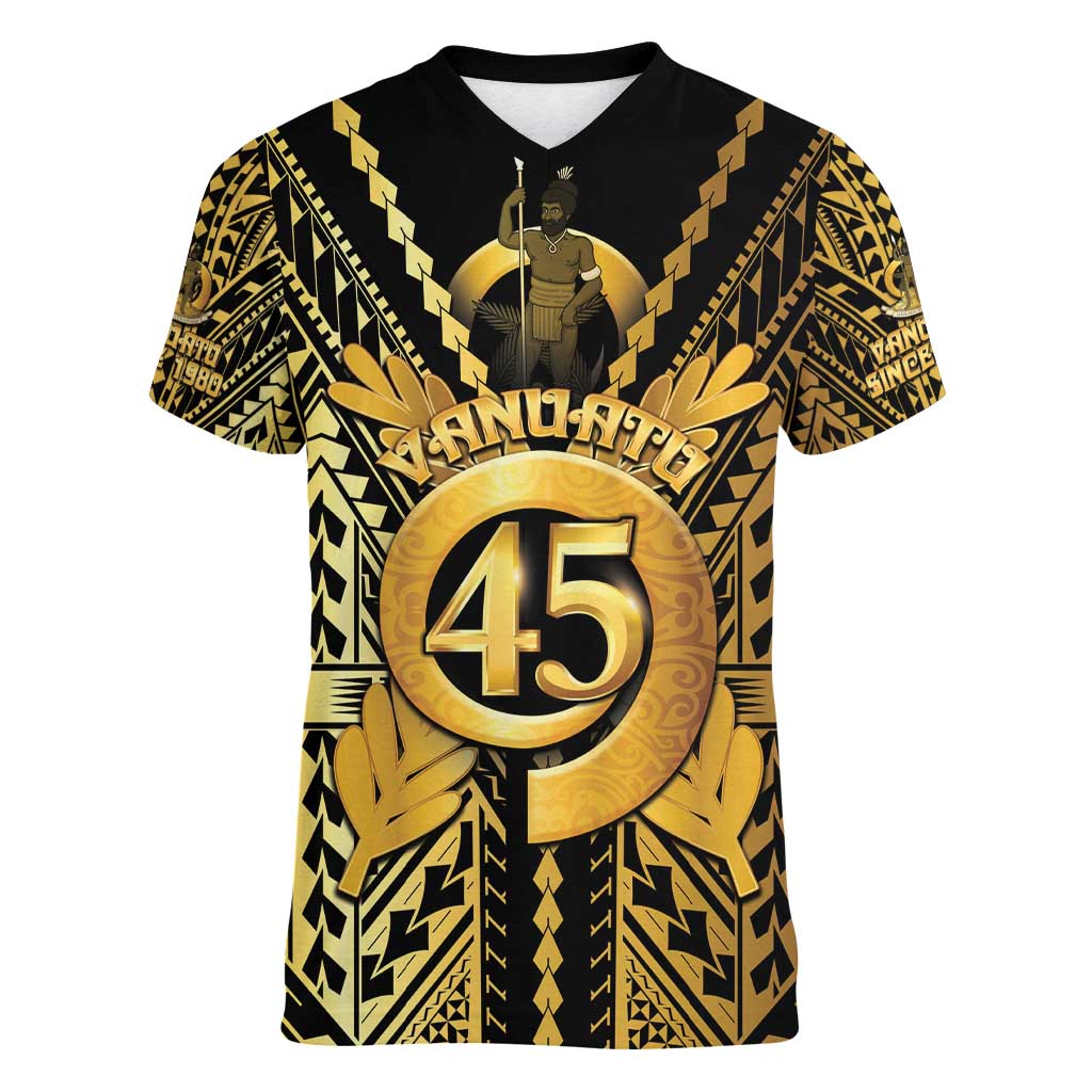 Vanuatu 45th Anniversary Of Independence Women V-Neck T-Shirt Gold Style - Polynesian Pride