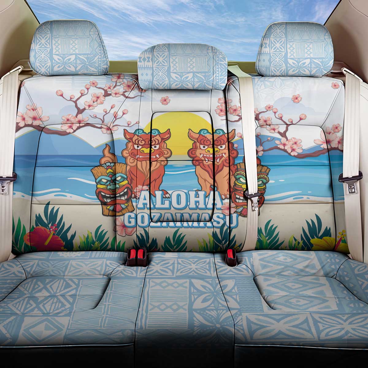 Hawaii And Japan Okinawa Back Car Seat Cover Aloha Gozaimasu Tiki With Shisa LT05 One Size Blue - Polynesian Pride