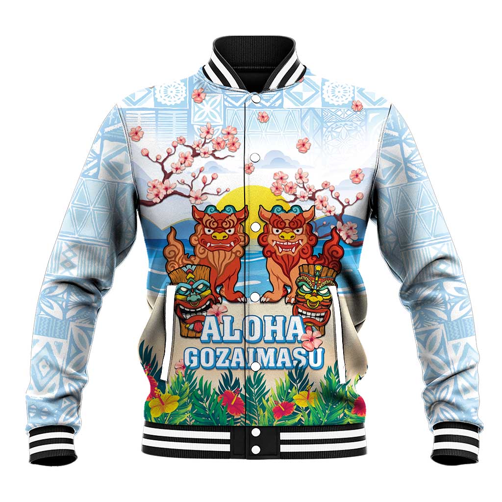 Hawaii And Japan Okinawa Baseball Jacket Aloha Gozaimasu Tiki With Shisa