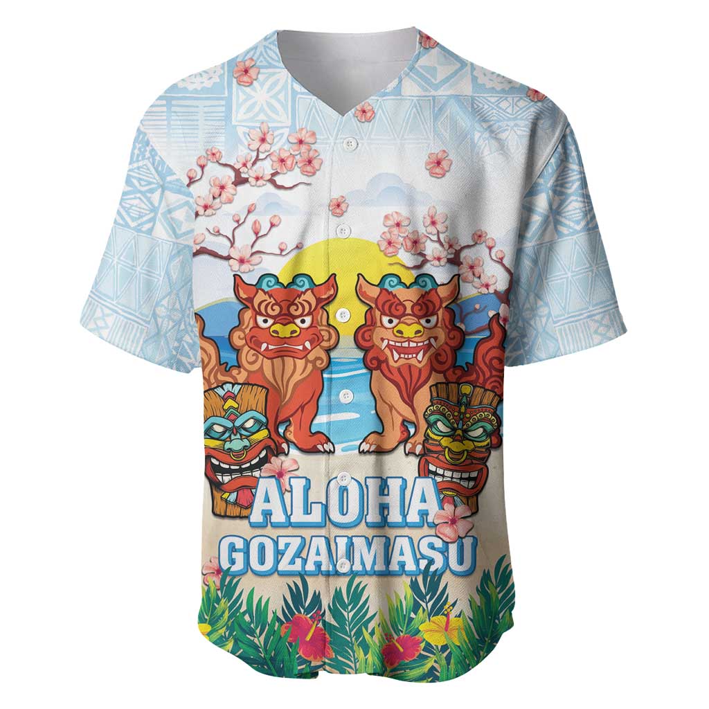 Hawaii And Japan Okinawa Baseball Jersey Aloha Gozaimasu Tiki With Shisa LT05 Blue - Polynesian Pride