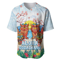Hawaii And Japan Okinawa Baseball Jersey Aloha Gozaimasu Tiki With Shisa LT05 Blue - Polynesian Pride