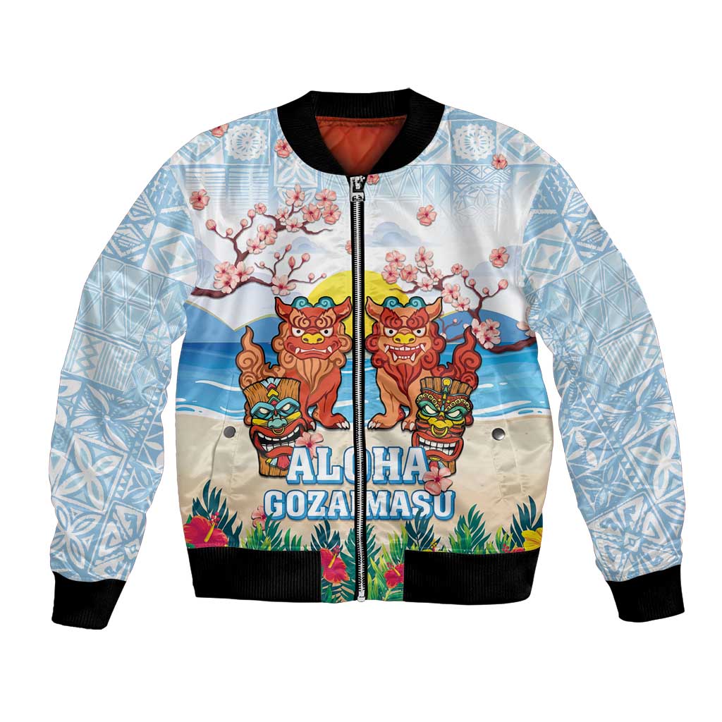 Hawaii And Japan Okinawa Bomber Jacket Aloha Gozaimasu Tiki With Shisa LT05 Unisex Blue - Polynesian Pride