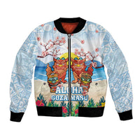 Hawaii And Japan Okinawa Bomber Jacket Aloha Gozaimasu Tiki With Shisa LT05 Unisex Blue - Polynesian Pride