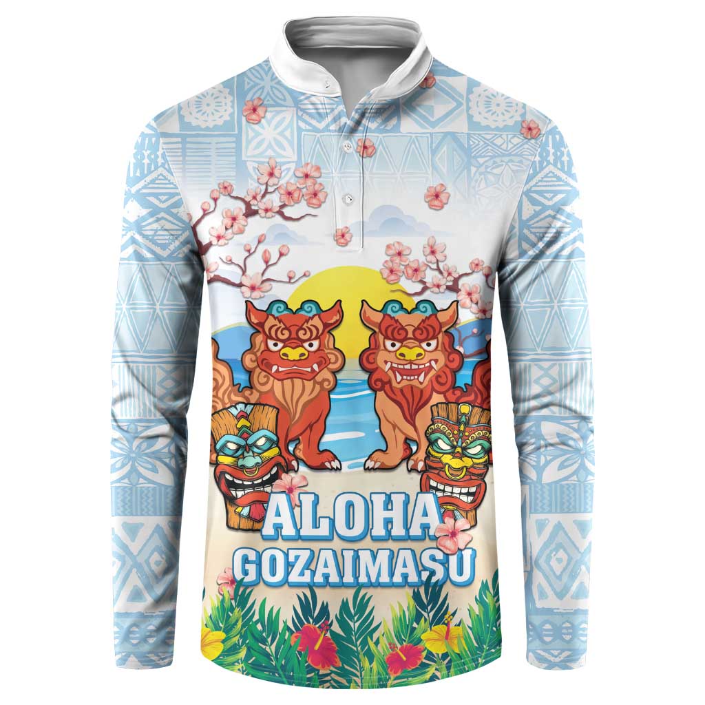 Hawaii And Japan Okinawa Button Sweatshirt Aloha Gozaimasu Tiki With Shisa