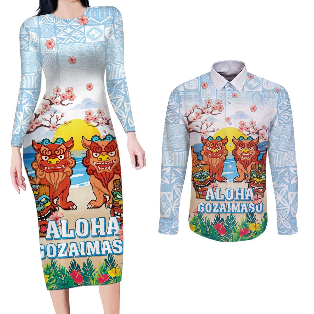 Hawaii And Japan Okinawa Couples Matching Long Sleeve Bodycon Dress and Long Sleeve Button Shirt Aloha Gozaimasu Tiki With Shisa