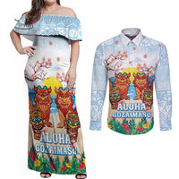 Hawaii And Japan Okinawa Couples Matching Off Shoulder Maxi Dress and Long Sleeve Button Shirt Aloha Gozaimasu Tiki With Shisa