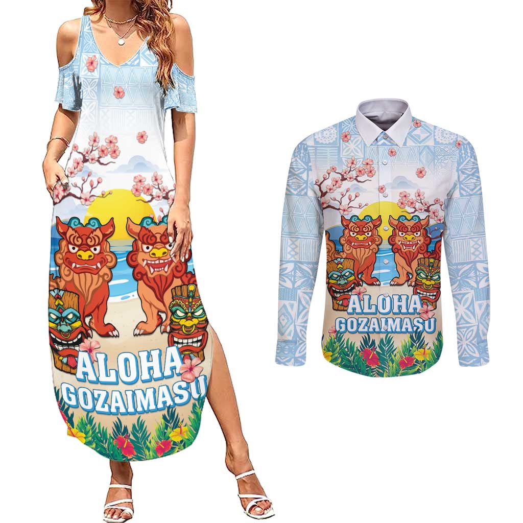 Hawaii And Japan Okinawa Couples Matching Summer Maxi Dress and Long Sleeve Button Shirt Aloha Gozaimasu Tiki With Shisa LT05 Blue - Polynesian Pride