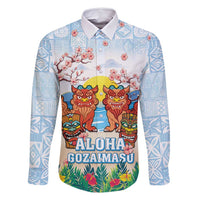 Hawaii And Japan Okinawa Family Matching Mermaid Dress and Hawaiian Shirt Aloha Gozaimasu Tiki With Shisa LT05 Dad's Shirt - Long Sleeve Blue - Polynesian Pride