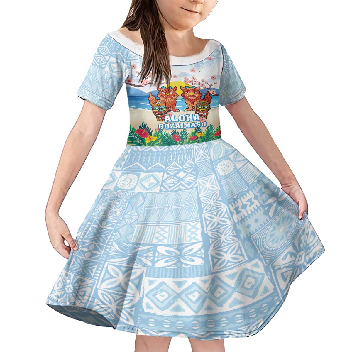 Hawaii And Japan Okinawa Family Matching Off The Shoulder Long Sleeve Dress and Hawaiian Shirt Aloha Gozaimasu Tiki With Shisa LT05 Daughter's Dress Blue - Polynesian Pride