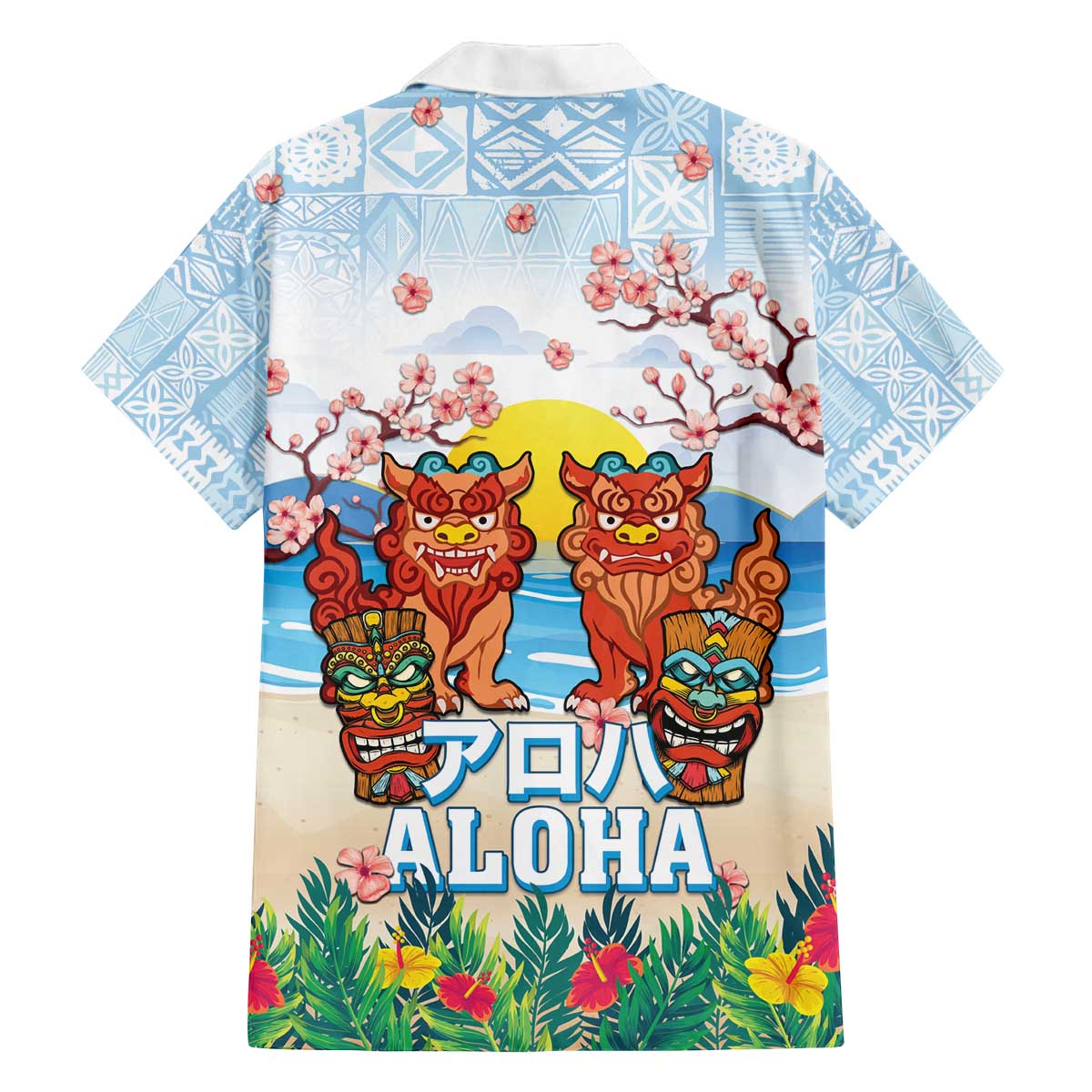 Hawaii And Japan Okinawa Family Matching Off The Shoulder Long Sleeve Dress and Hawaiian Shirt Aloha Gozaimasu Tiki With Shisa LT05 - Polynesian Pride