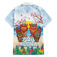 Hawaii And Japan Okinawa Family Matching Off The Shoulder Long Sleeve Dress and Hawaiian Shirt Aloha Gozaimasu Tiki With Shisa LT05 - Polynesian Pride