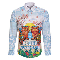 Hawaii And Japan Okinawa Family Matching Off The Shoulder Long Sleeve Dress and Hawaiian Shirt Aloha Gozaimasu Tiki With Shisa LT05 Dad's Shirt - Long Sleeve Blue - Polynesian Pride