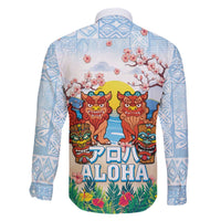 Hawaii And Japan Okinawa Family Matching Off The Shoulder Long Sleeve Dress and Hawaiian Shirt Aloha Gozaimasu Tiki With Shisa LT05 - Polynesian Pride