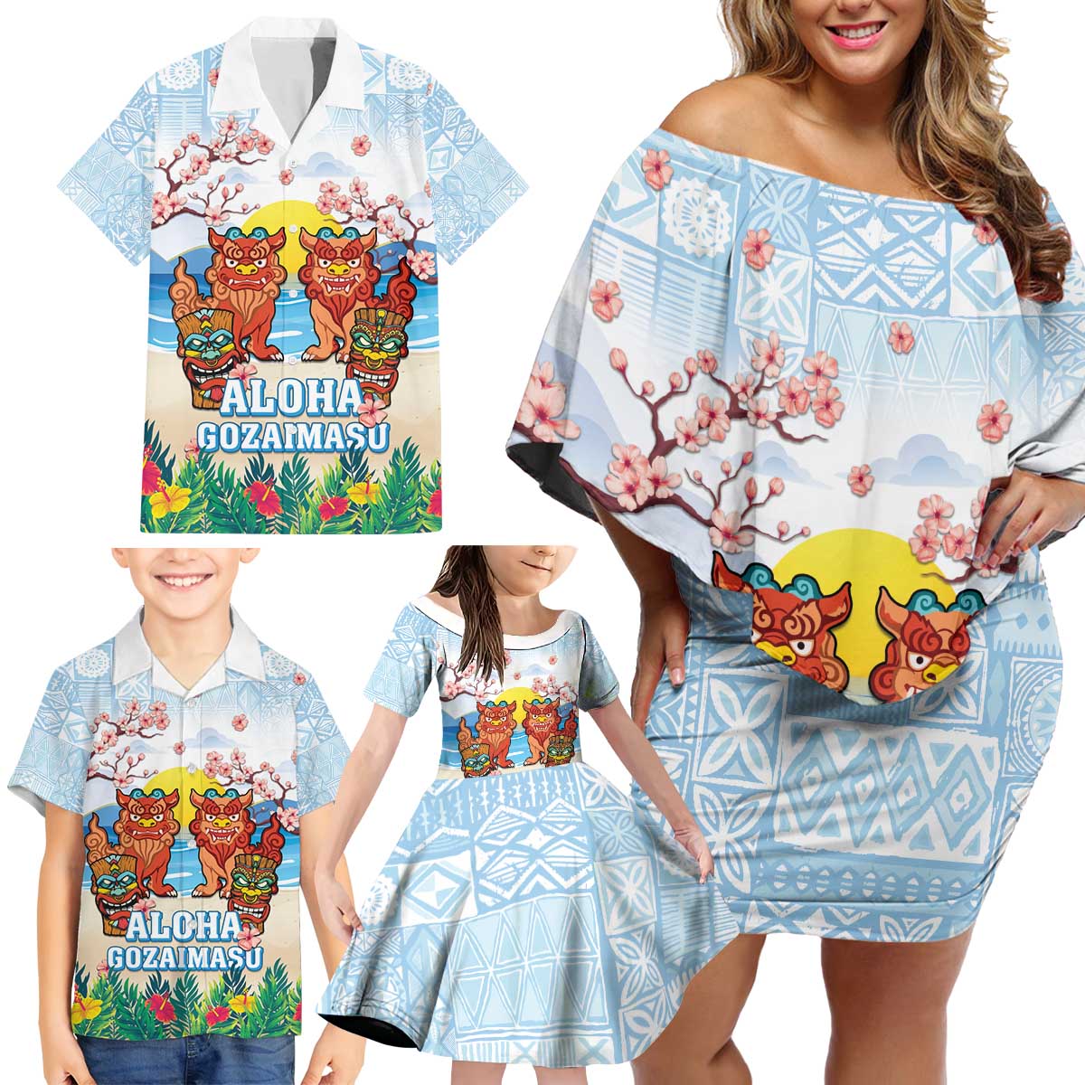 Hawaii And Japan Okinawa Family Matching Off Shoulder Short Dress and Hawaiian Shirt Aloha Gozaimasu Tiki With Shisa LT05 - Polynesian Pride