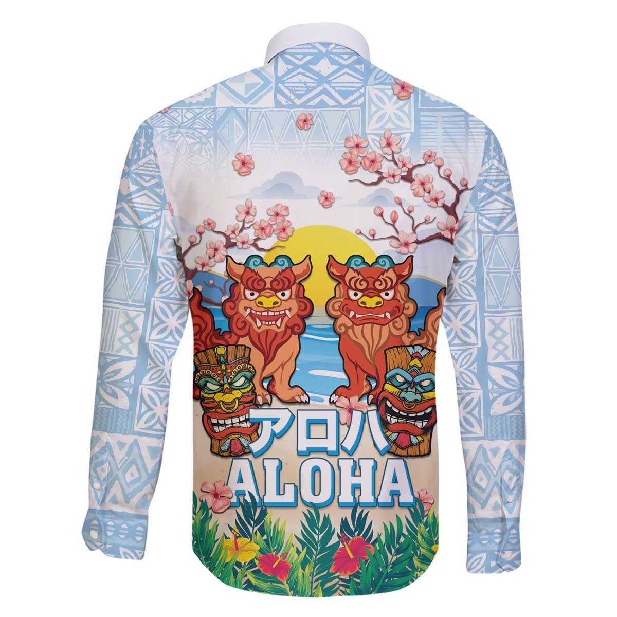 Hawaii And Japan Okinawa Family Matching Off Shoulder Short Dress and Hawaiian Shirt Aloha Gozaimasu Tiki With Shisa LT05 - Polynesian Pride