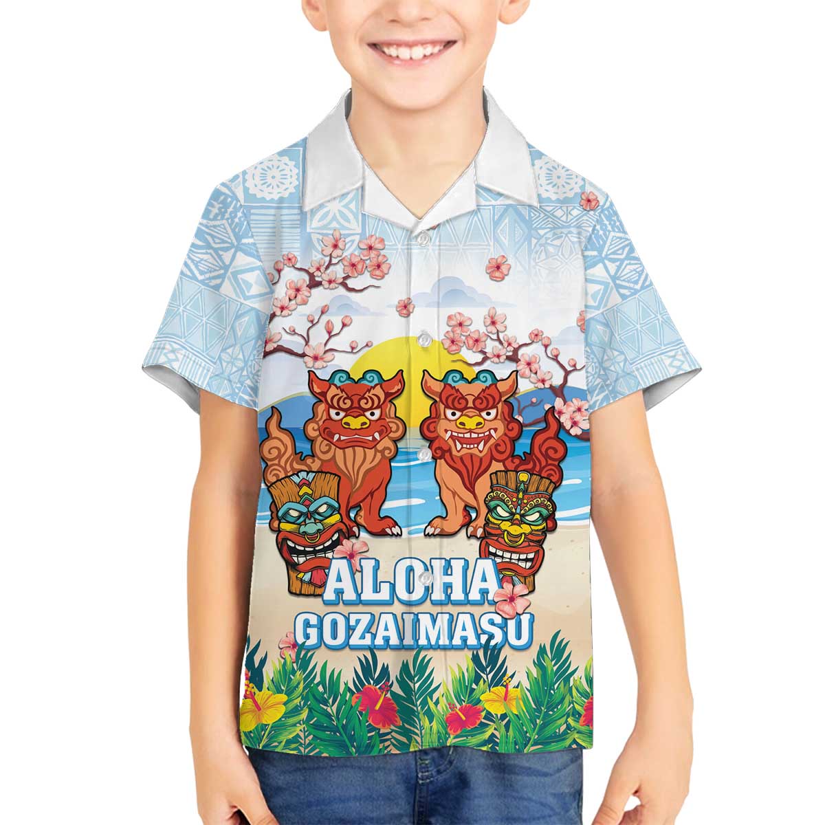 Hawaii And Japan Okinawa Family Matching Off Shoulder Short Dress and Hawaiian Shirt Aloha Gozaimasu Tiki With Shisa LT05 Son's Shirt Blue - Polynesian Pride