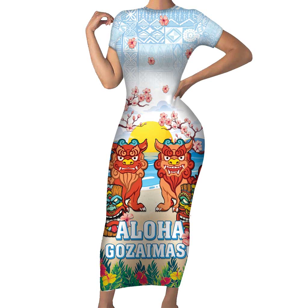 Hawaii And Japan Okinawa Family Matching Short Sleeve Bodycon Dress and Hawaiian Shirt Aloha Gozaimasu Tiki With Shisa