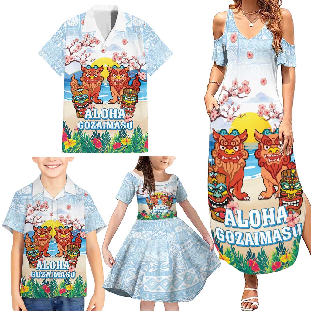 Hawaii And Japan Okinawa Family Matching Summer Maxi Dress and Hawaiian Shirt Aloha Gozaimasu Tiki With Shisa LT05 - Polynesian Pride