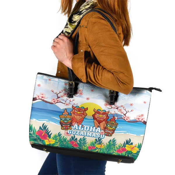 Hawaii And Japan Okinawa Leather Tote Bag Aloha Gozaimasu Tiki